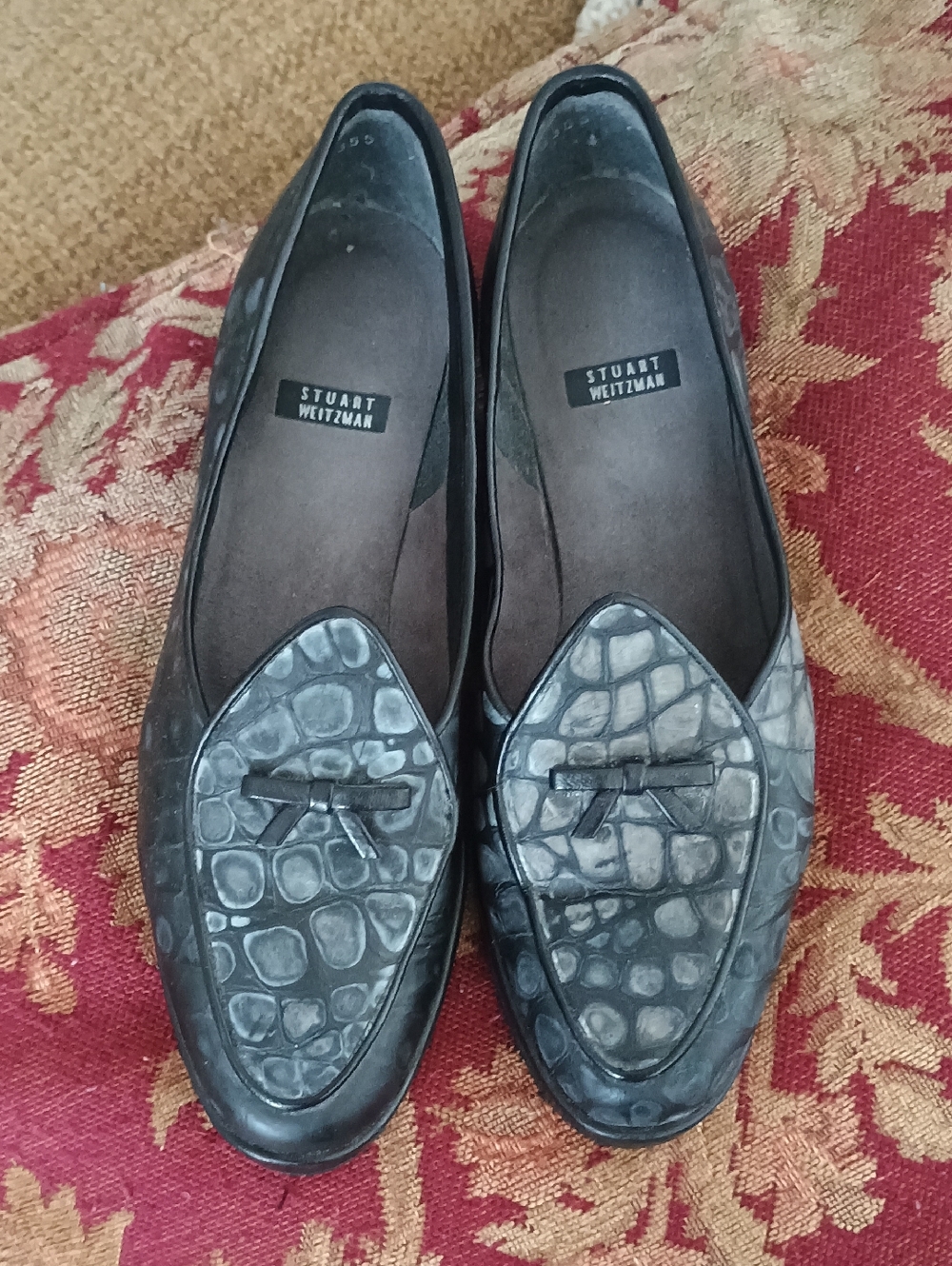 Stuart Weitzman Black Croc-Embossed Tassel Loafers